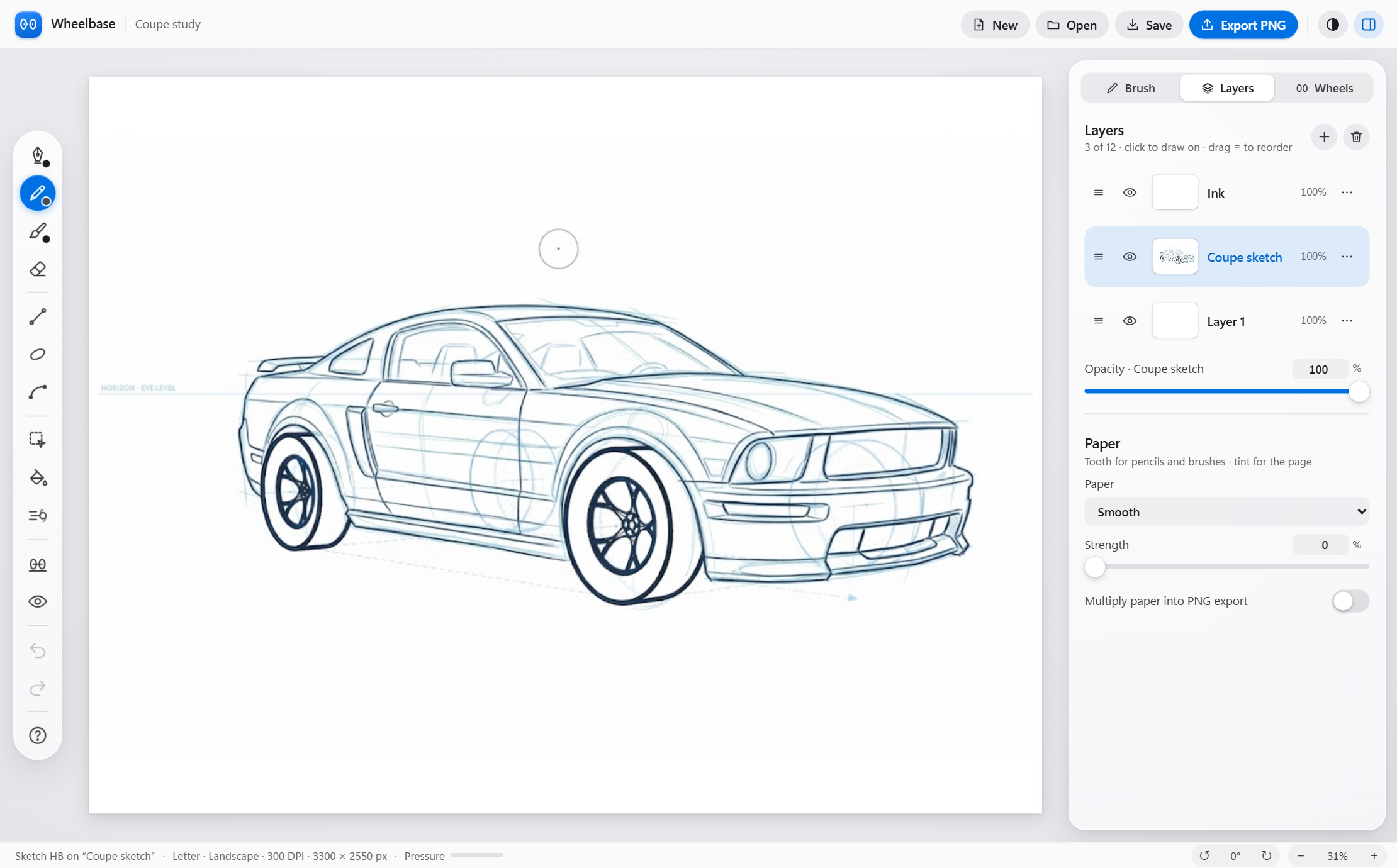 Wheelbase with a pencil sketch of a sports coupe on the page, the tool rail on the left and the Layers panel on the right