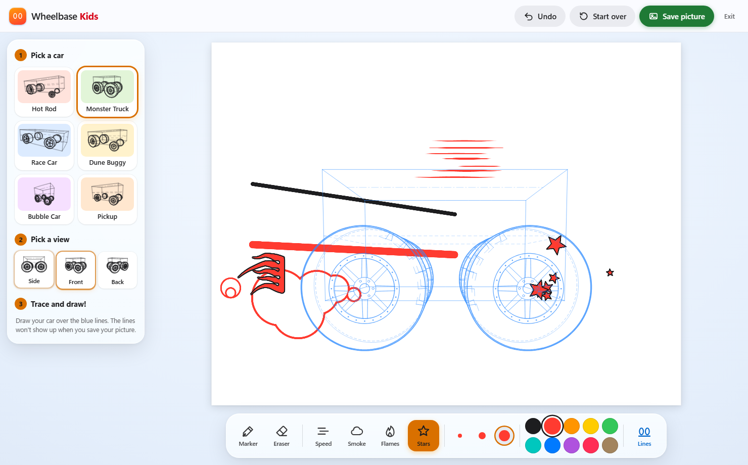 Wheelbase Kids mode with a monster truck traced over blue guide lines, plus flames and stars